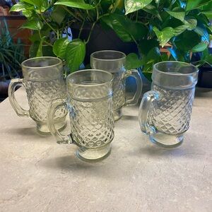 4 Vintage Anchor Hocking Clear Glass Diamond Quilt Footed Mug 5 3/4”